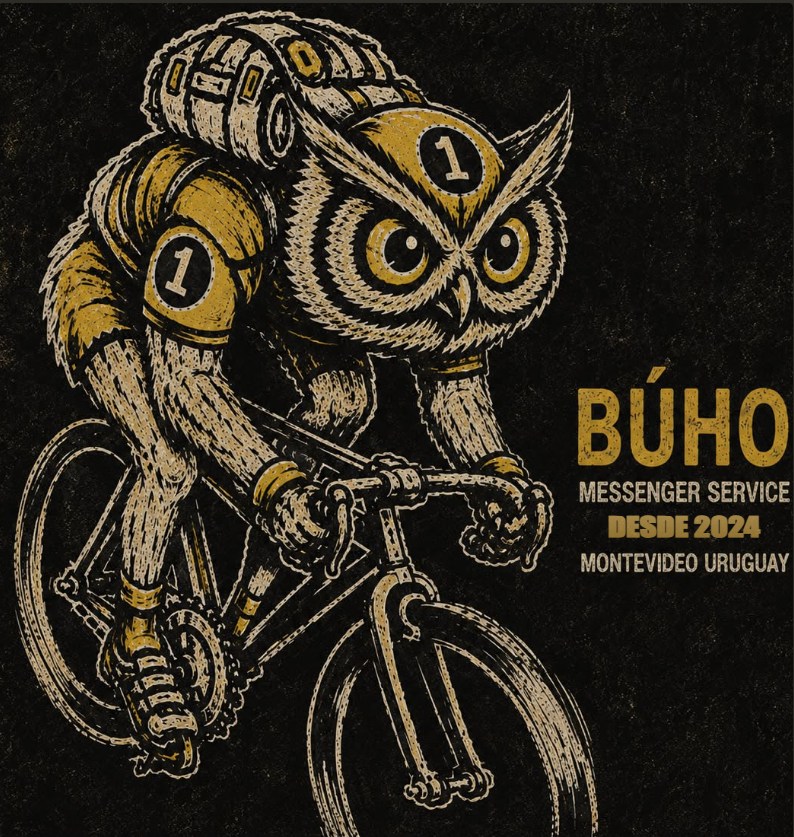 Ilustración grabada del búho mensajero de BÚHO pedaleando una bicicleta de pista, con mochila de reparto y el número 1